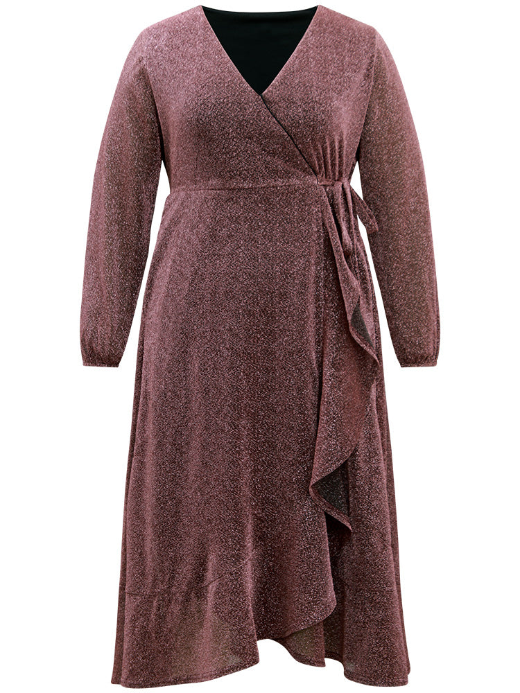 Plain Glitter Overlap Collar Ties Arc Hem Dress