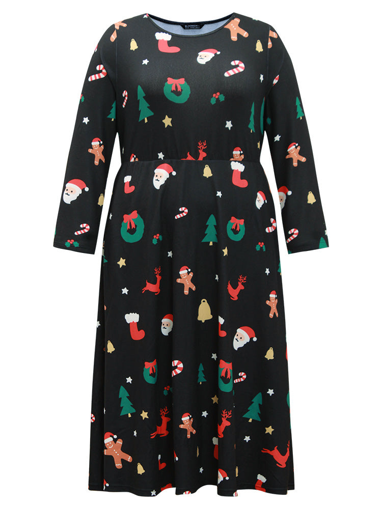 Christmas Print Pocket Elastic Waist Dress