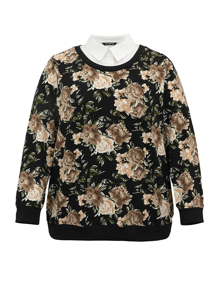 2-In-1 Floral Print Shirt Collar Sweatshirt