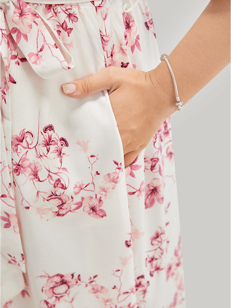 Floral Wrap Flutter Hem Pocket Belted Dolman Sleeve Dress