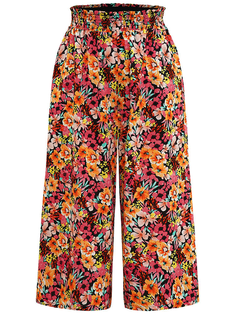 Floral Print Shirred Pocket Wide Leg Woven Pants
