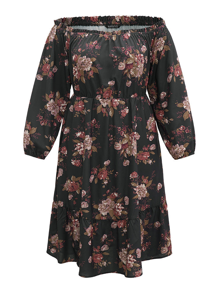 Off Shoulder Floral Frill Trim Lantern Sleeve Dress