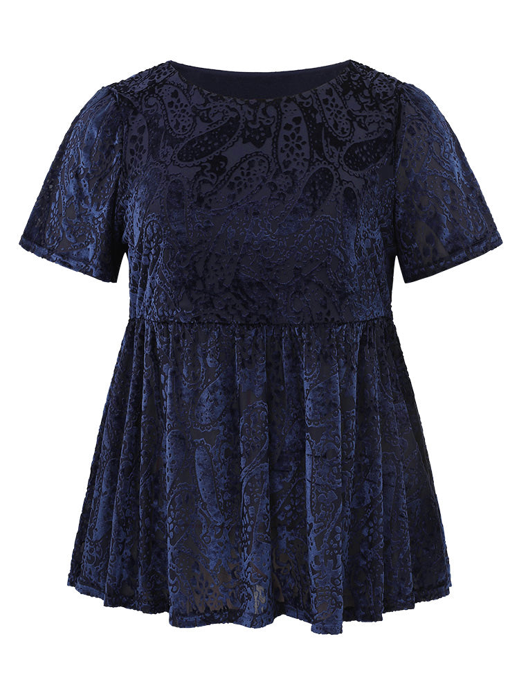 Plain Paisley Elastic Waist Ruffled Hem T-shirt