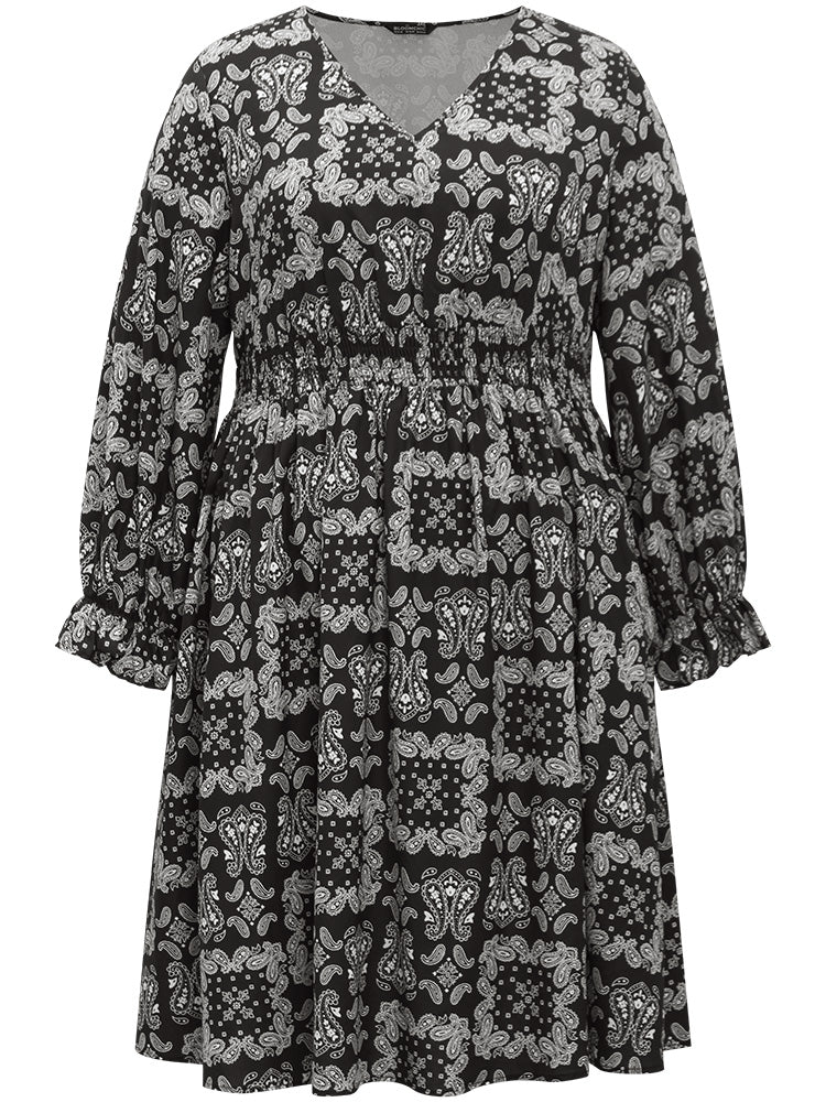 Moroccan Print Shirred Pocket Dress