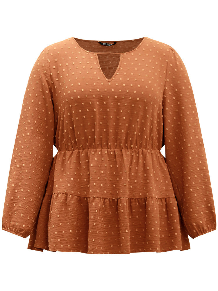 Textured Keyhole Ruffle Layered Hem Blouse