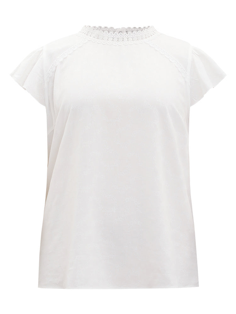 Plain Contrast Lace Keyhole Woven Top