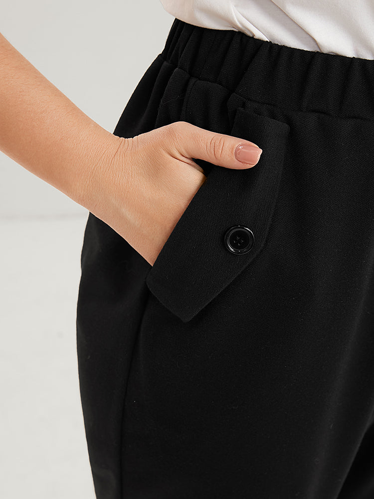 Plain Pocket Button Detail Elastic Waist Pants