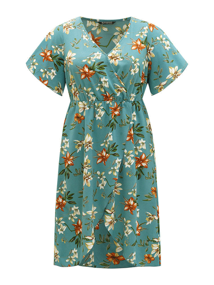 Floral Print :Pocket Ruffles Pocket Wrap Hem Dress