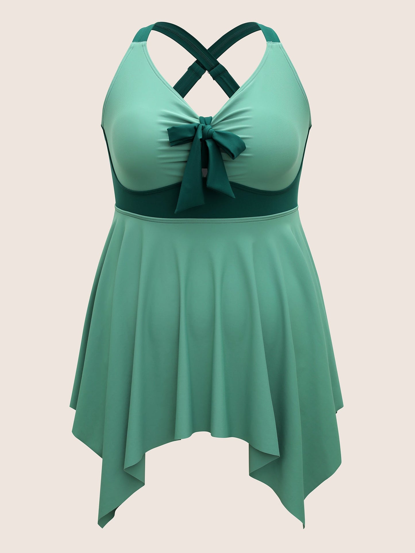 Plain Patchwork Bowknot Hanky Hem Swim Dress