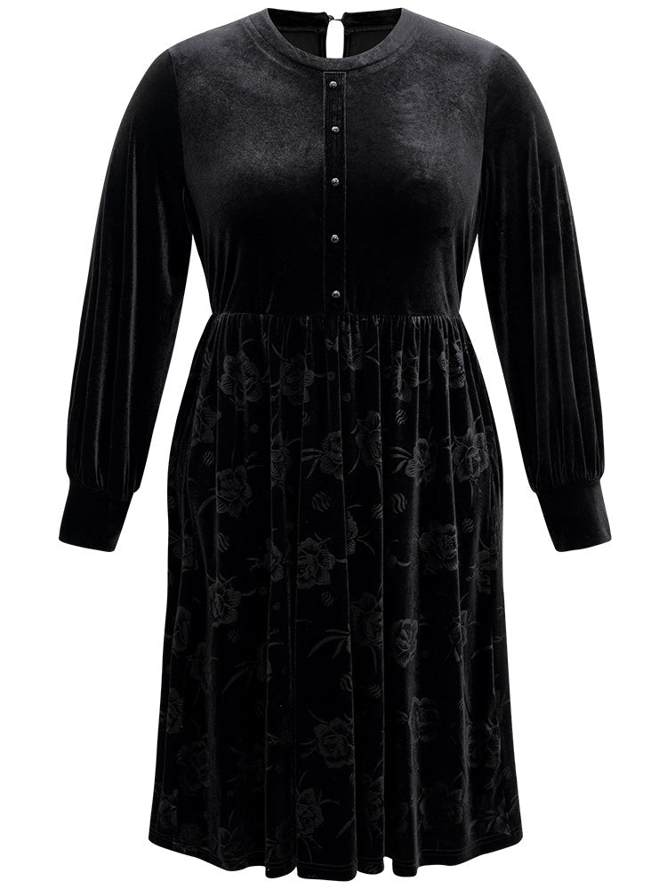 Solid Velvet Button Detail Pocket Dress
