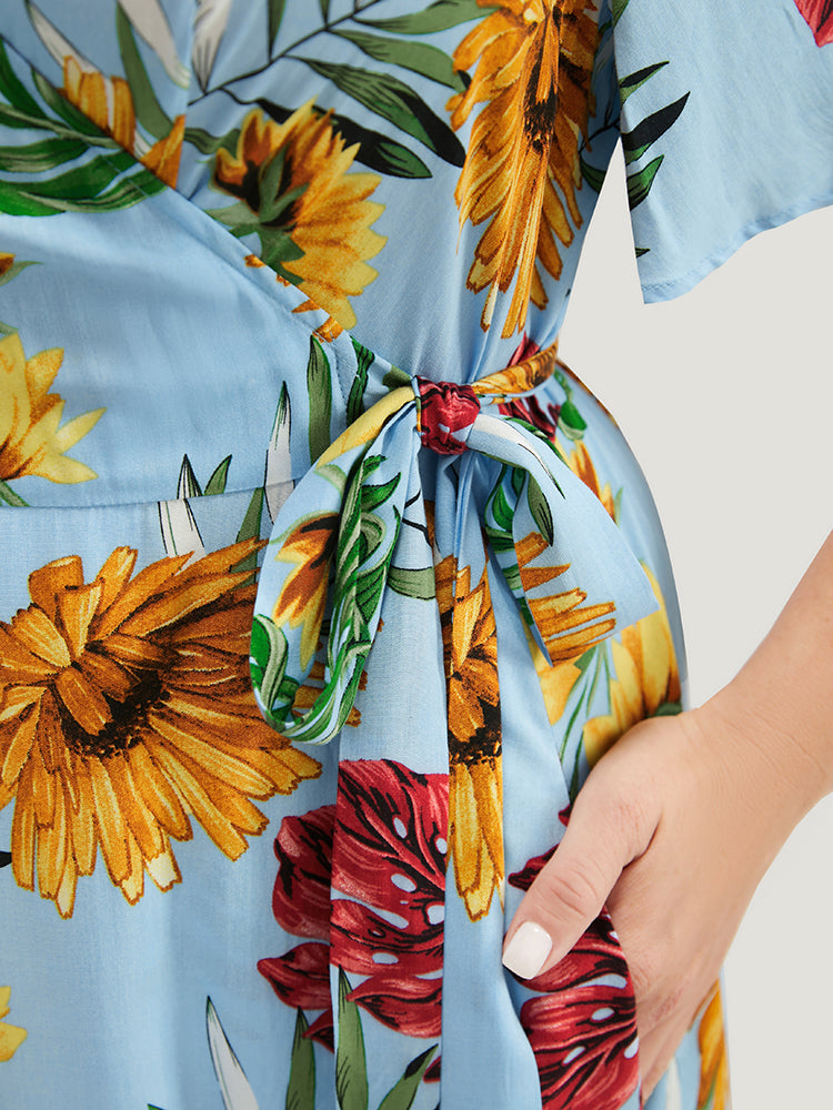 Floral Ruffle Sleeve Pocket Knot Side Wrap Dress