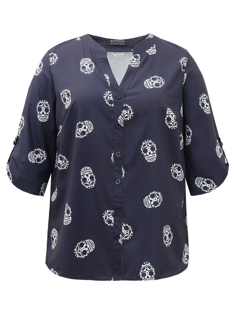 Halloween Skull Print Notched Tab Sleeve Blouse