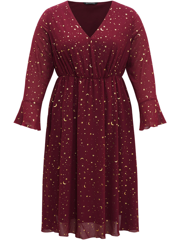 Moon & Star Glitter Surplice Neck Bell Sleeve Dress