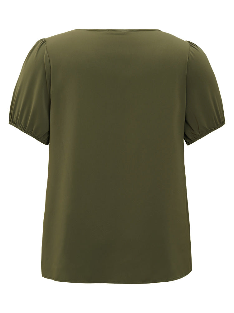 Plain Keyhole Pearl Chain Neck Puff Sleeve Blouse