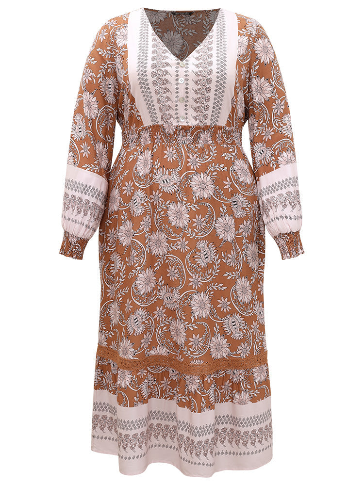 Bandana Print Shirred Button Detail Dress