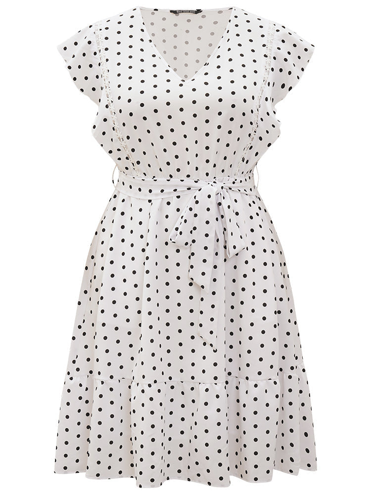 Polka Dot Belted Pocket Ruffle Cap Sleeve Dress