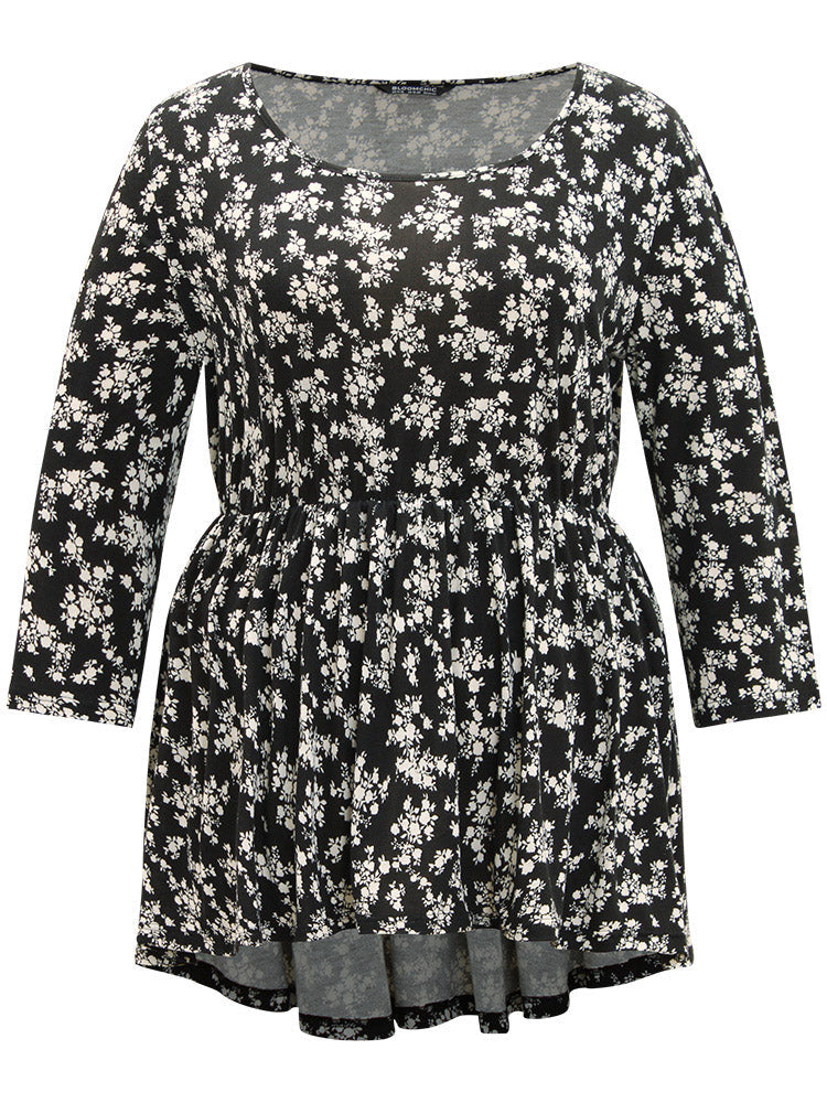 Ditsy Floral Crew Neck High Low Hem T-shirt