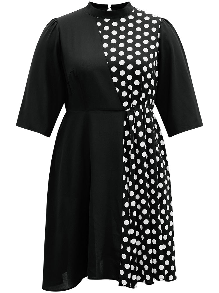 Polka Dot Patchwork Mock Neck Elastic Waist Dress