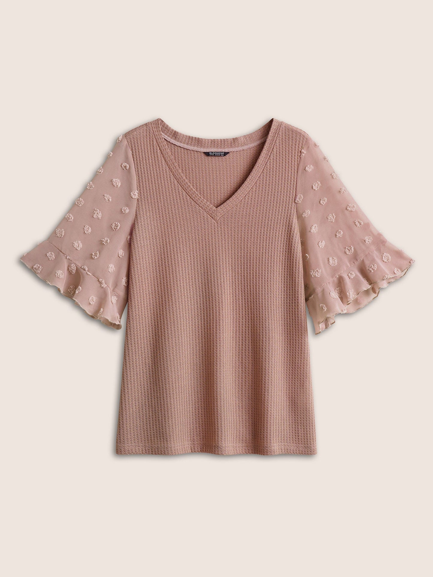 Plain Waffle Knit Patchwork Chiffon Flutter Sleeve T-shirt