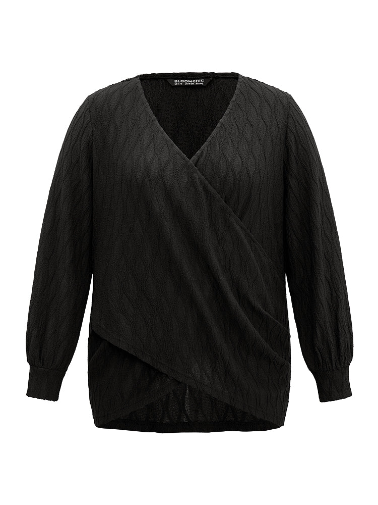 Solid Jacquard Overlap Collar Crossover Blouse