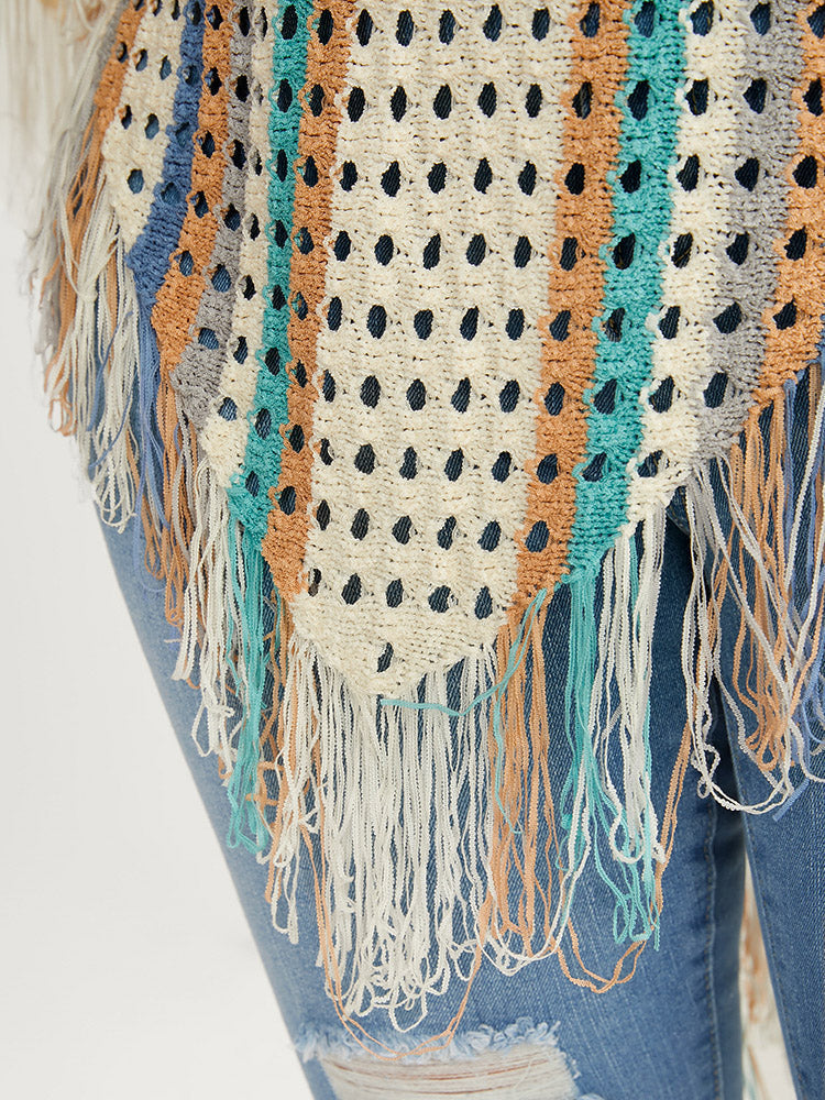 Striped Contrast Tassels Trim Cut Out Asymmetrical Hem Knit Top