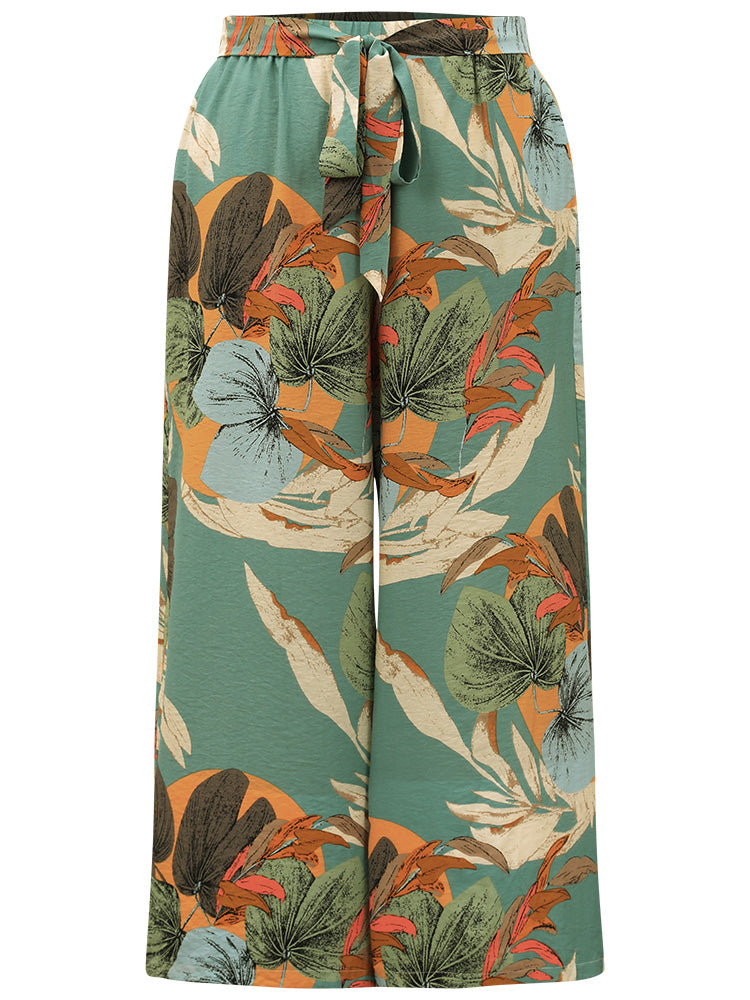 Plants Print Elastic Waist Ties Pants