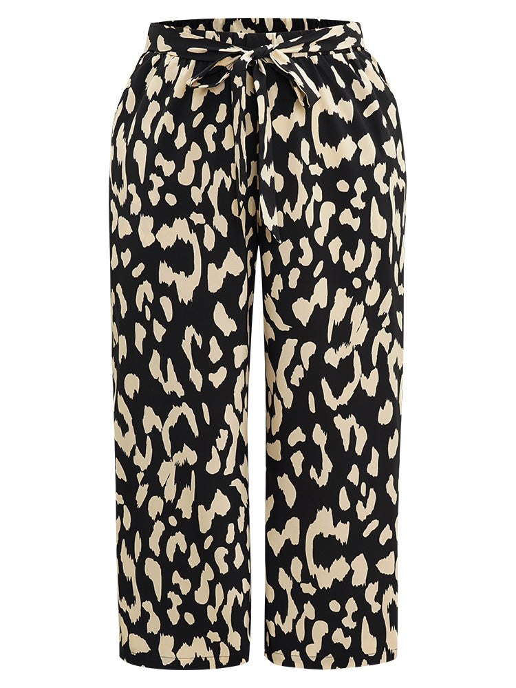 Leopard Elastic Waist Ties Wide Leg Pants