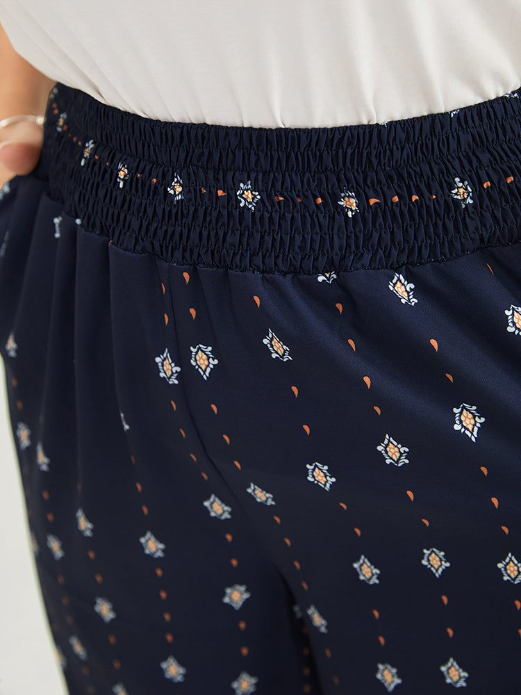 Floral & Striped Shirred Waist Pocket Ruffle Trim Pants