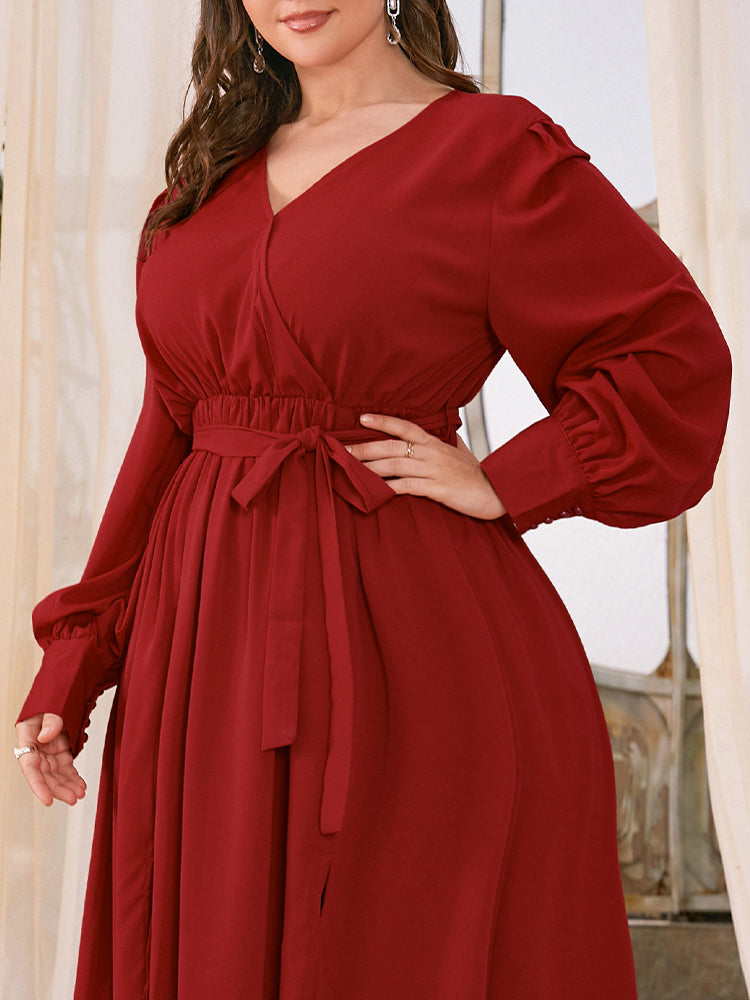 Solid Lantern Sleeve Belted Split Dress