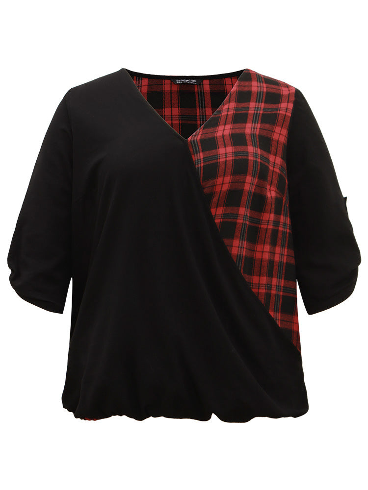 Plaid Patchwork Wrap Tab Sleeve Blouse