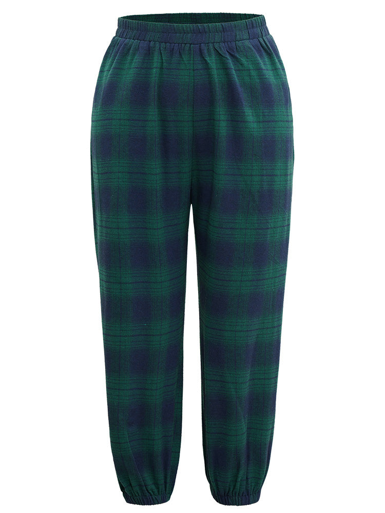 Plaid Elastic Waist Pocket Carrot Sleep Bottoms