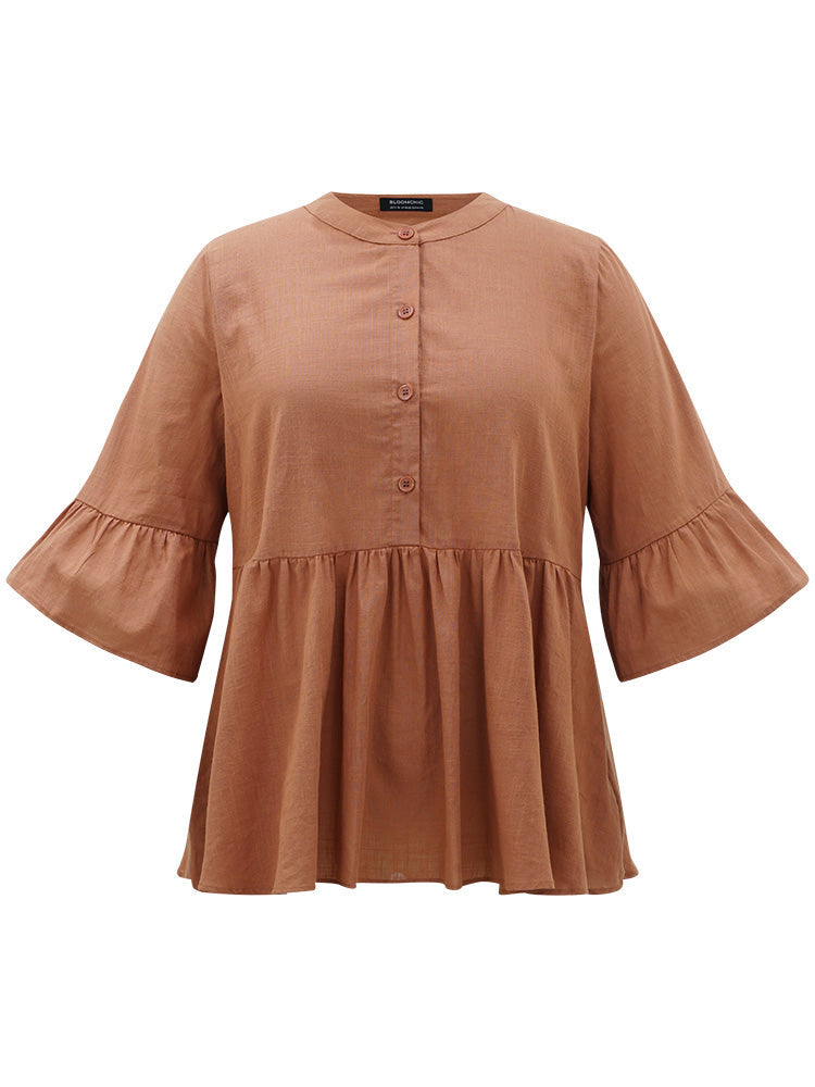 Solid Crew Neck Button Up Flutter Hem Bell Sleeve Blouse