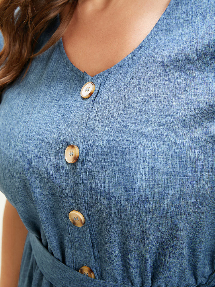 Solid Belt Button Detail Pocket Flutter Hem Knee Dress