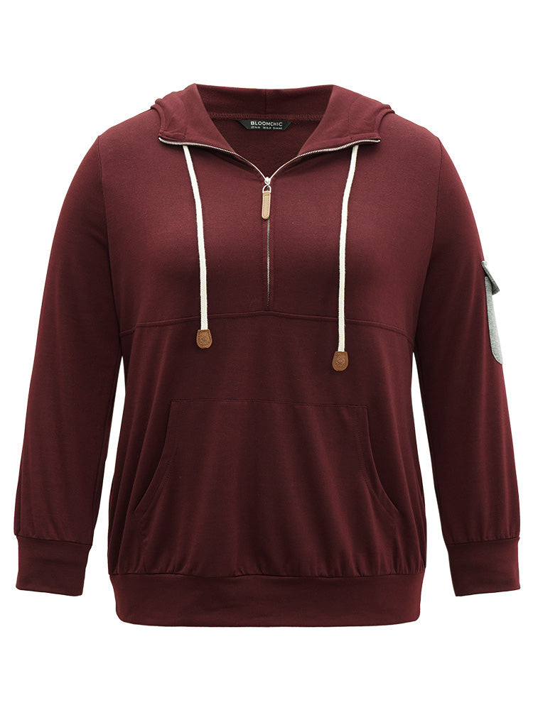 Contrast Half Zip Patched Pocket Hooded Sweatshirt