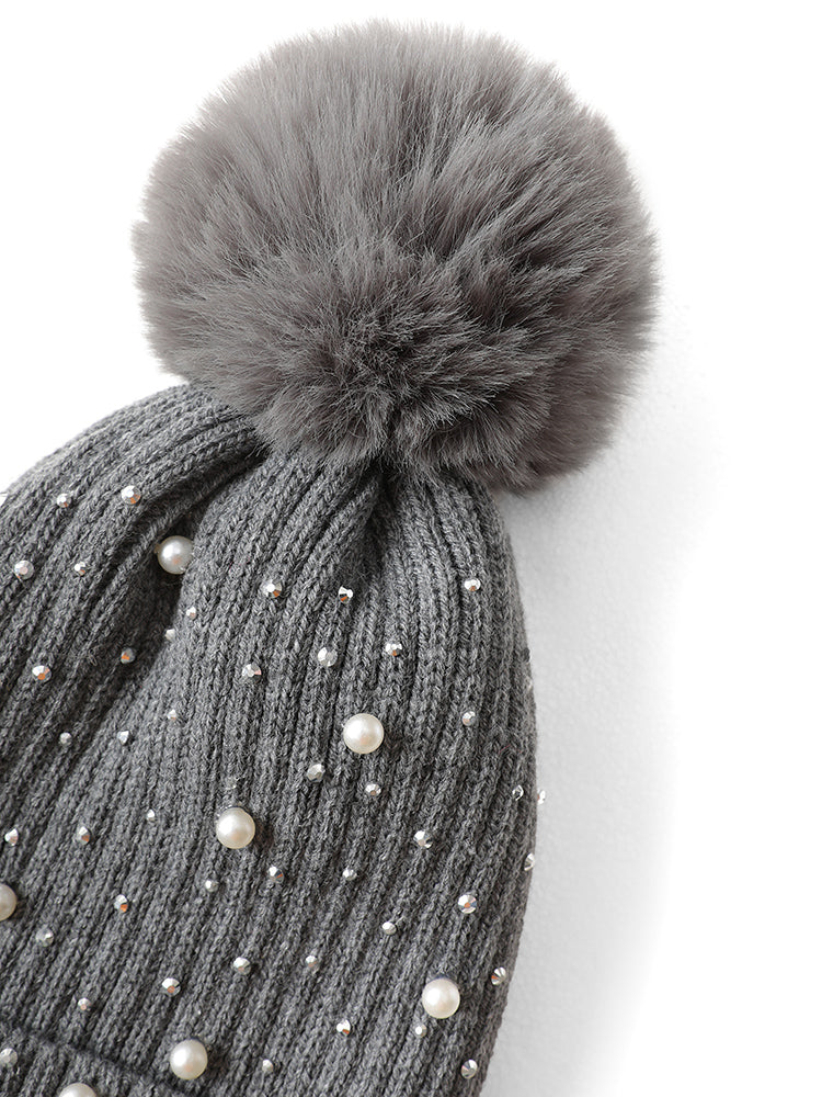 Fluffy Ball Pearl Beaded Warm Knitted Hat