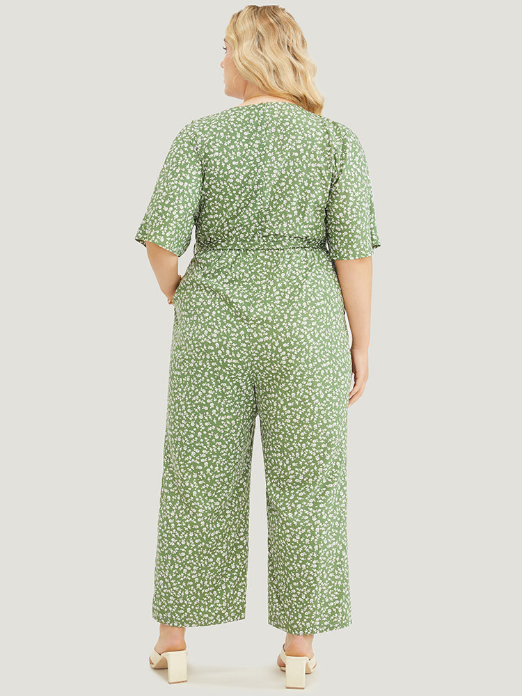 Ditsy Floral Wrap Pocket Belt Batwing Sleeve Jumpsuit