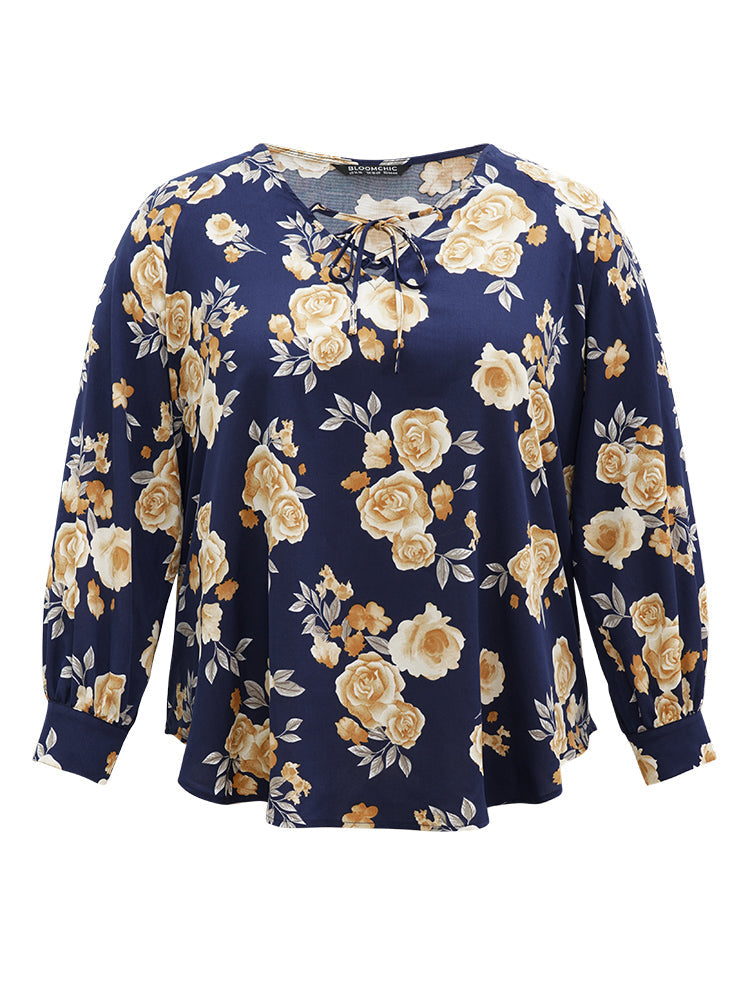 Floral Print Lace Up Button Down Blouse