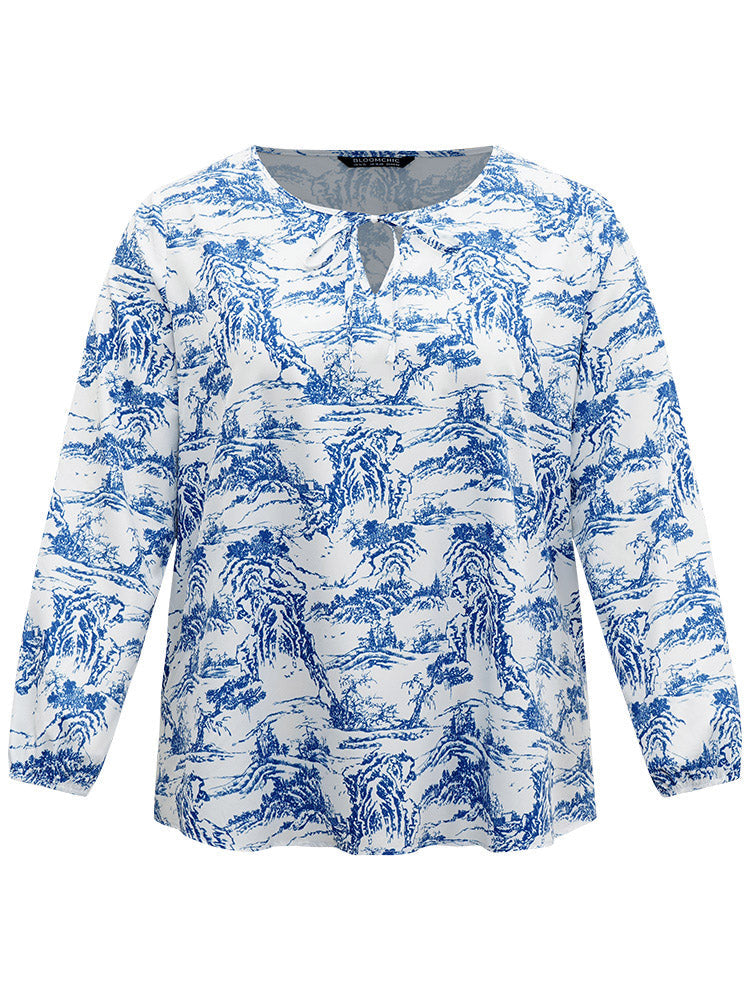 Landscape Print Tie Neck Blouse