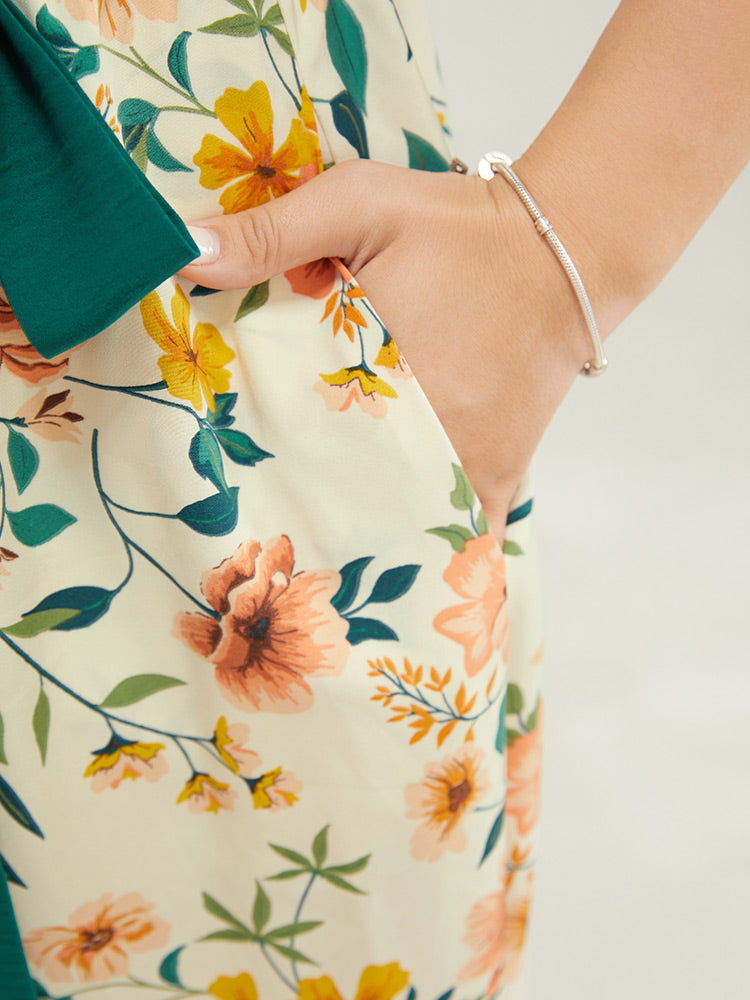 Floral Patchwork Keyhole Belted Pocket Ruffle Trim Cold Shoulder Dress