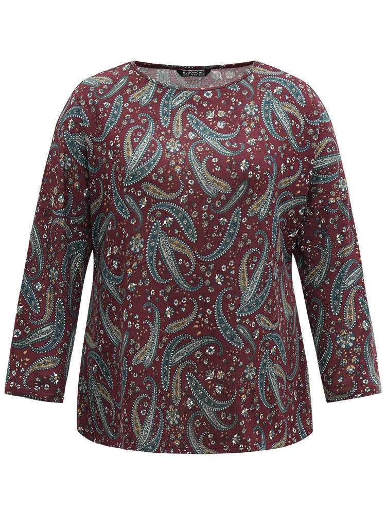 Paisley Print Round Neck Slightly Stretchy T-shirt