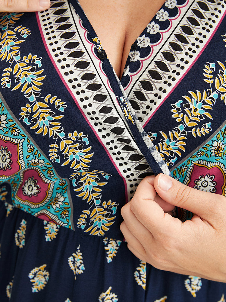 Bandana Print Pocket Button Ruffle Sleeve Wrap Jumpsuit