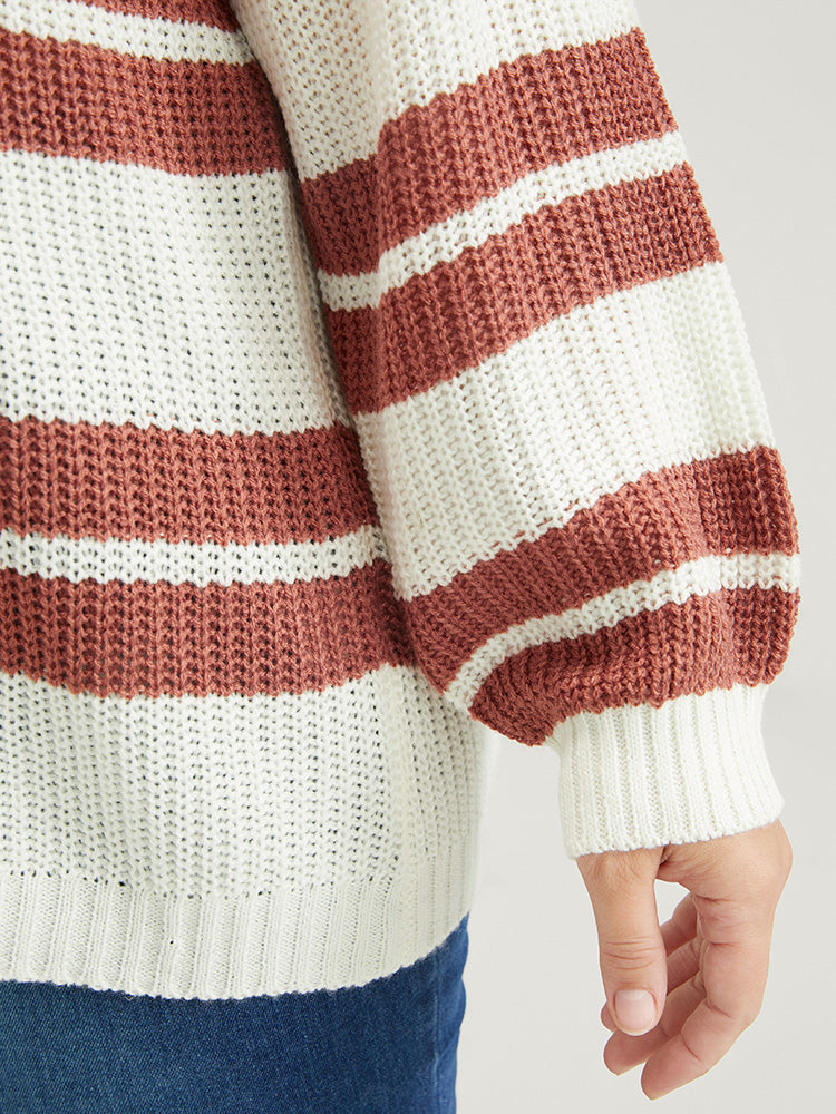 Striped Contrast Pointelle Knit Lantern Sleeve Knit Top