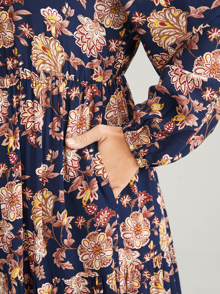 Floral Shirt Collar Pocket Button Detail Flutter Dress