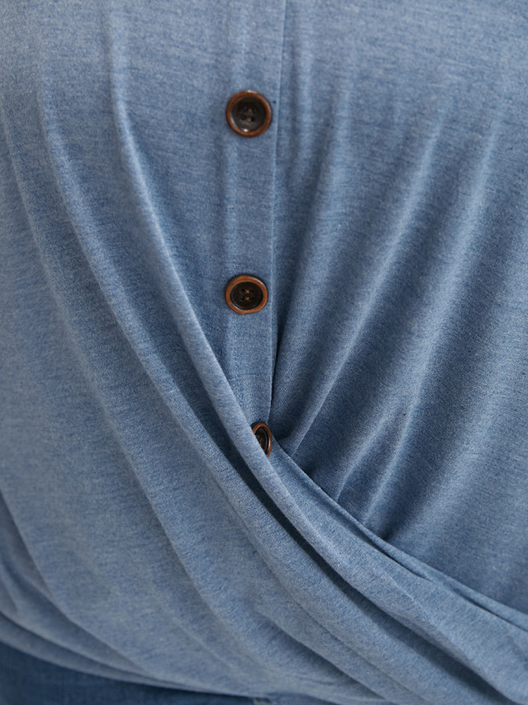 Solid Button Twist Front V Neck T-shirt