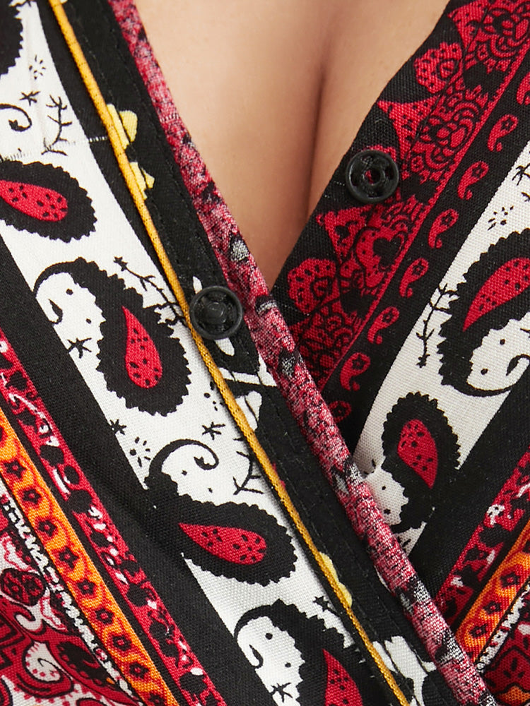 Bandana Split Button Lantern Sleeve Pocket Flutter Wrap Maxi Dress