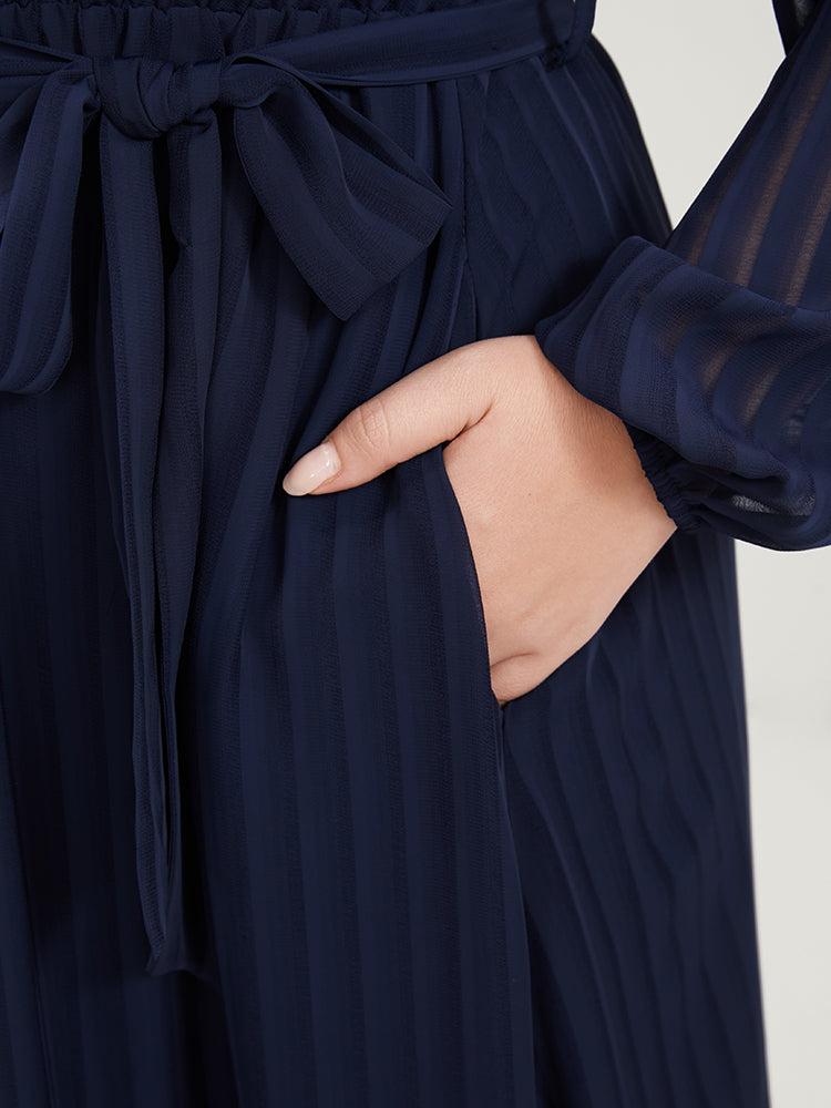 Striped Mesh Patchwork Lantern Sleeve Pocket Belted Wrap Dress