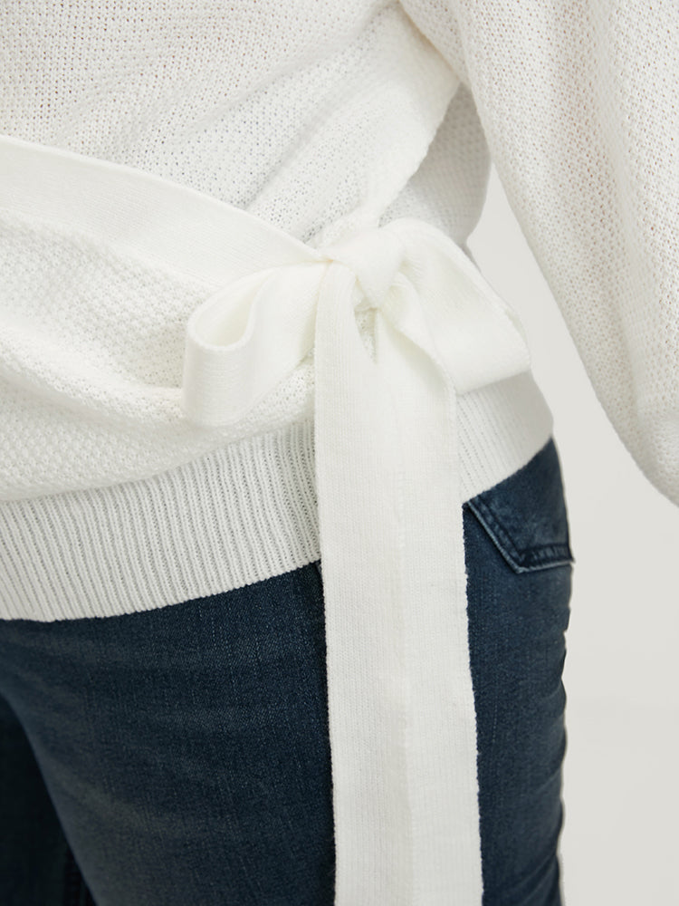 Plain Pointelle Knit Knotted Side Overlap Collar Knit Top