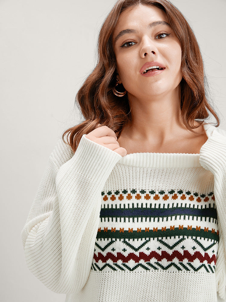 Bandana Pointelle Knit Jacquard Round Neck Knit Top