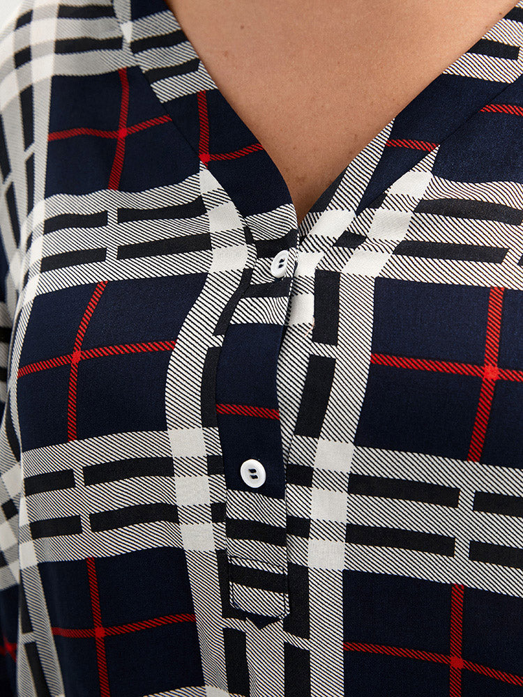 Plaid Roll Sleeve Button Up Blouse