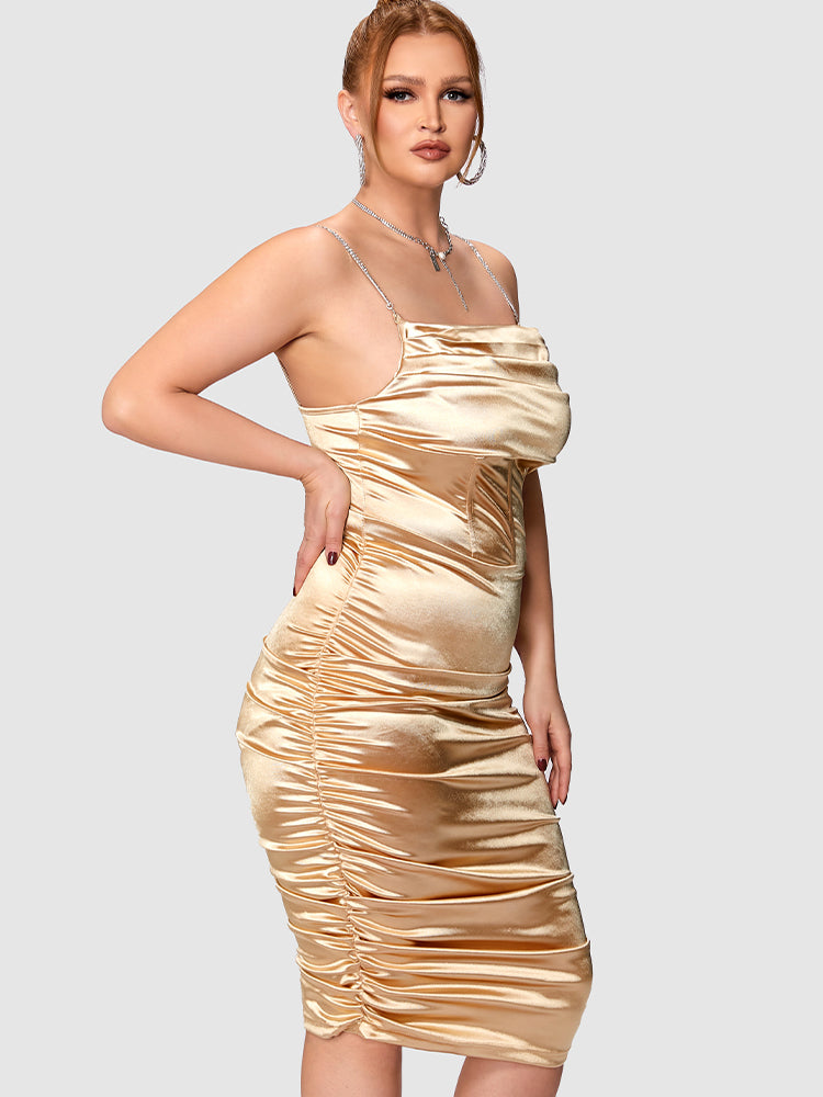 Solid Gathered Suspender Bodycon Dress